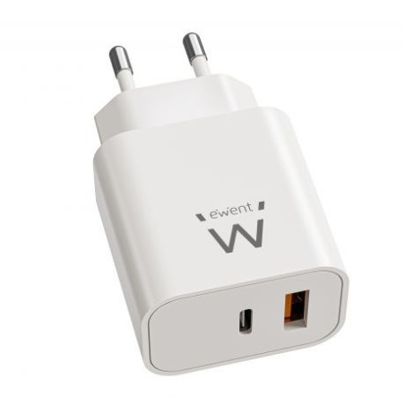 33702-Ewent Cargador Rapido GaN de 20W USB-C PD y USB-A QC, Diseno Compacto