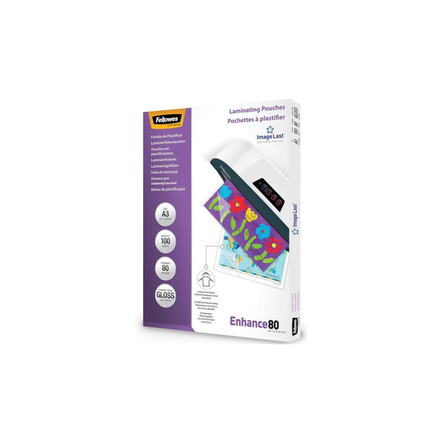 34804-PACK 500 FUNDAS PLASTIFICAR 80 MICRAS BRILLO A3 (303X426 MM) FELLOWES 100144239