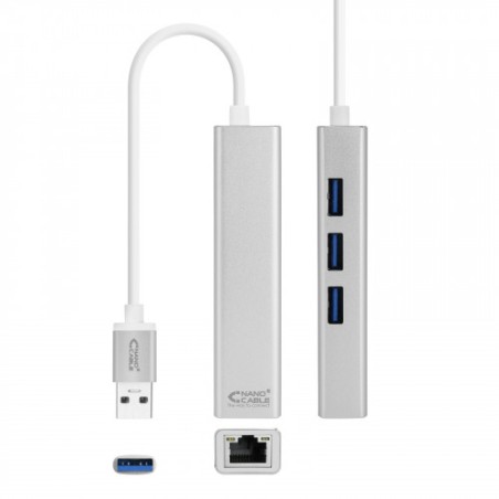 35463-Nanocable Conversor USB 3.0 a Ethernet Gigabit + 3xUSB 3.0, Plata, 15 cm