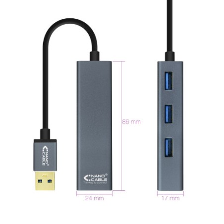 35587-Nanocable USB 3.0 4xUSB3.0. USB-A/M-USB 3.0/H, Gris, 10 cm