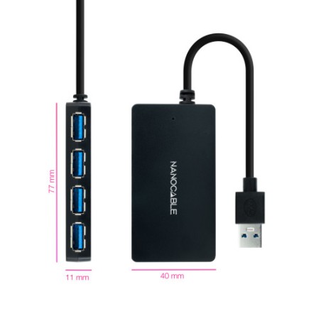 35590-Nanocable Hub USB 3.0 con 4 Puertos de USB 3.0, USB-A/M-USB 3.0/H, Negro, 15 cm