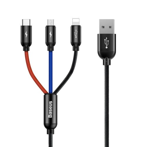 36037-BASEUS THREE PRIMARY COLORS 3-IN-1 CABLE USB FOR M+L+T 3.5A 1.2M BLACK