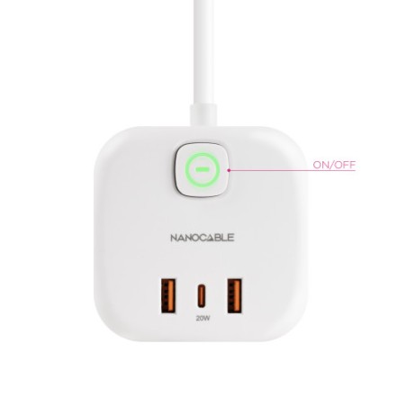 38410-Nanocable Base de 3 enchufes con 3 USB (2 USB-A + 1 USB-C), GaN + PPS, PD 20W, con interruptor, Blanco
