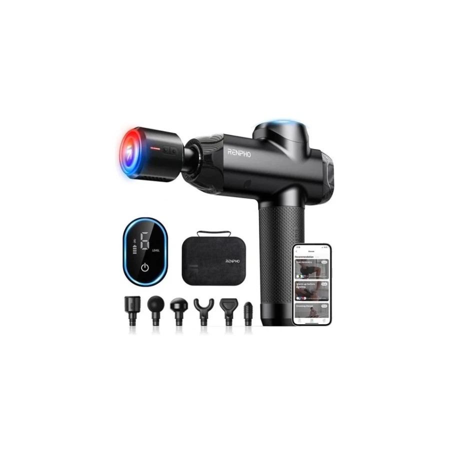 38700-RENPHO POWER+ - MASSAGE GUN - 6 MASSAGE HEADS & 6 SPEEDS - BLE - 12MM AMPLITUDE - BLACK, CONNECTED TO THE APP (INS