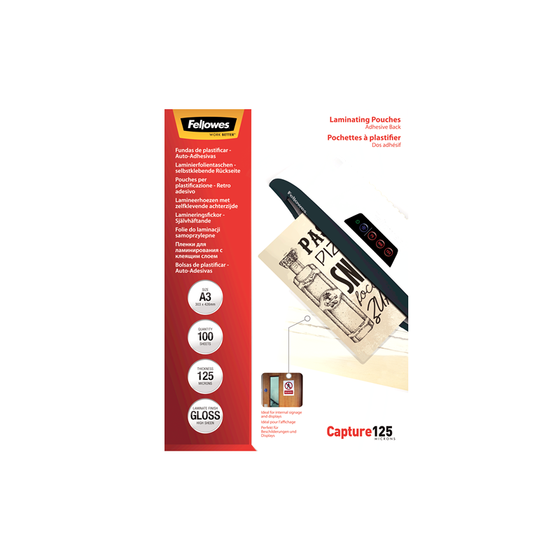 390-PACK 100 BOLSAS PLASTIFICACION AUTOADHESIVAS 125 MICRAS A3 FELLOWES 5329001