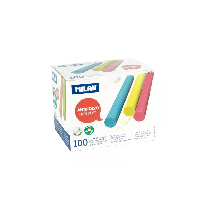 5346-CAJA 100 TIZAS DE CARBONATO DE CALCIO DE COLORES REDONDAS -ANTIPOLVO MILAN 2452100 5346-CAJA 100 TIZAS DE CARBONATO DE CALCIO DE COLORES REDONDAS -ANTIPOLVO MILAN 2452100