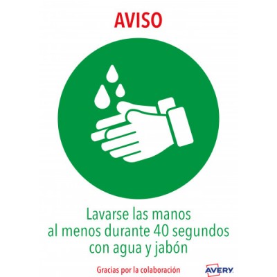 SENALES ADHESIVOS PREIMPRESO LAVARSE LAS MANOS SOBRE DE 2 HOJAS EN A4 AVERY AVKITCOVID1ES