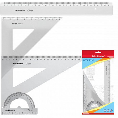 7021-SET DE GEOMETRIA GRANDE (REGLA 30 CM, ESCUADRA 16 CM/45o, ESCUADRA 22 CM/60o, TRANSPORTADOR 180o/10CM) ERICH KRAUSE
