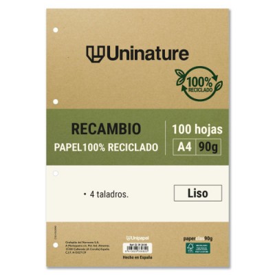 RECAMBIO RECICLADO A4 100 HOJAS 90GR LISO CON TALADROS UNINATURE 53392800