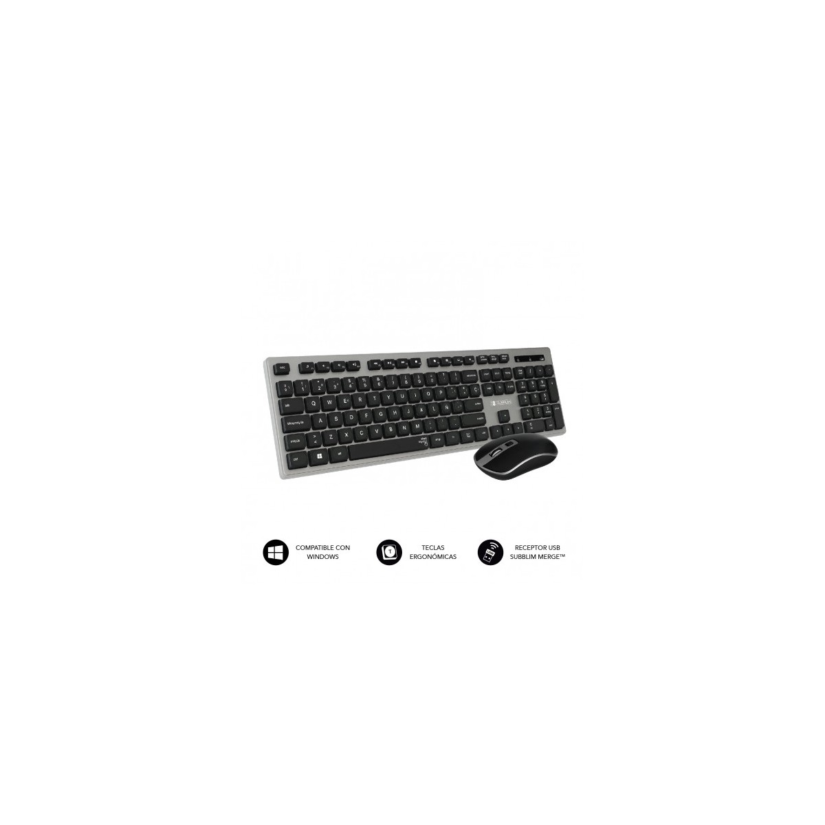 SUBBLIM Teclado Ergonomico y raton inalambricos Plano Silencioso Gris Negro Ergo