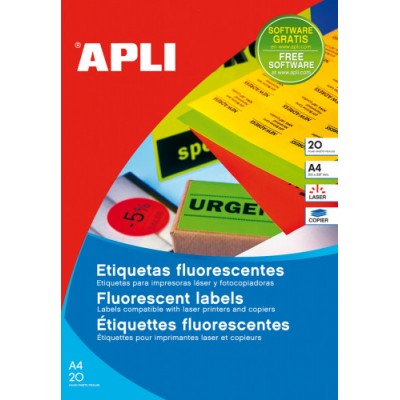 PACK 20 HOJAS 20UDETIQUETAS ROJO FLUORESCENTE PERMANENTES 2100 X 2970 MM APLI 2880