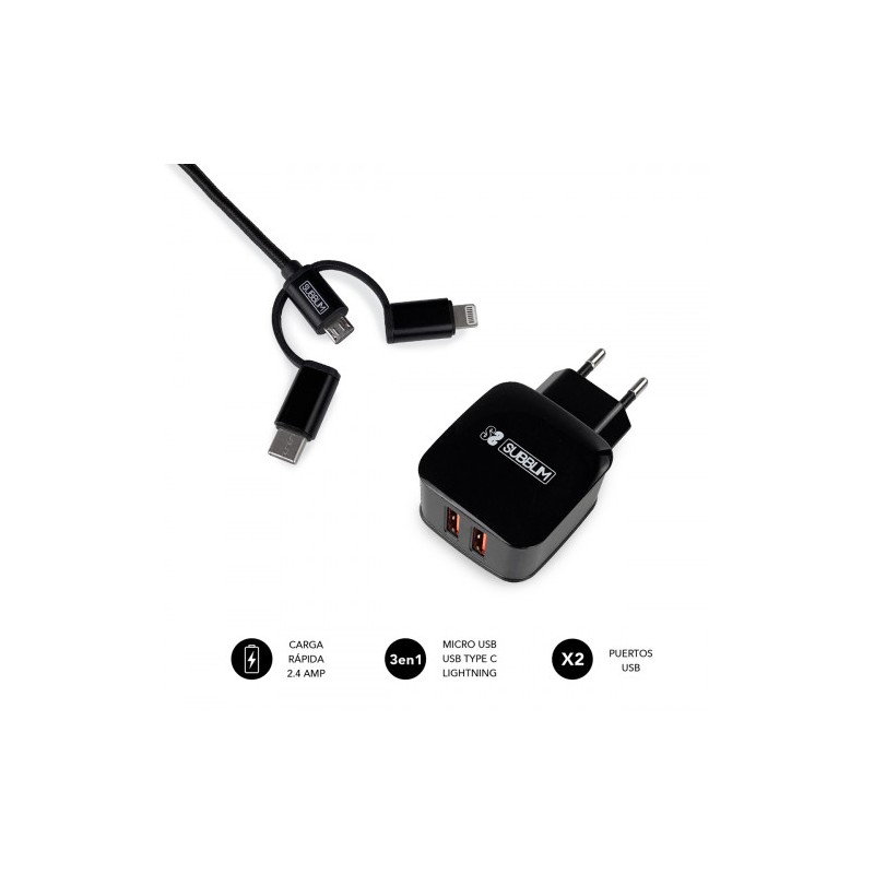 8485-SUBBLIM CARGADOR USB DE VIAJE/PARED 2xUSB (2.4A) + CABLE 3EN1 BLACK Negro Interior 8485-SUBBLIM CARGADOR USB DE VIAJE/PARED 2xUSB (2.4A) + CABLE 3EN1 BLACK Negro Interior