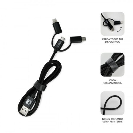 8486-SUBBLIM CARGADOR USB DE VIAJE/PARED 2xUSB (2.4A) + CABLE 3EN1 BLACK Negro Interior