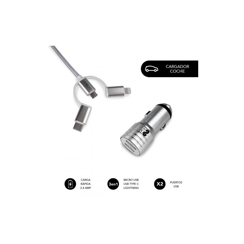 8487-SUBBLIM Cargador Coche 2xUSB Dual Car Charger Alum 2.4A + Cable 3 in 1 Silver 8487-SUBBLIM Cargador Coche 2xUSB Dual Car Charger Alum 2.4A + Cable 3 in 1 Silver