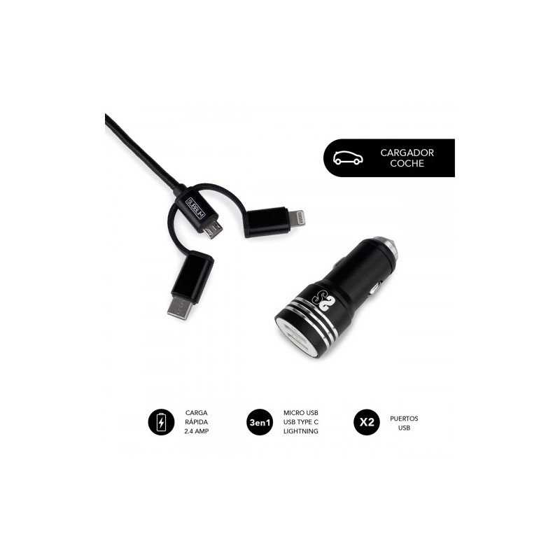 8489-SUBBLIM Cargador Coche 2xUSB Dual Car Charger Alum 2.4A + Cable 3 in 1 Black 8489-SUBBLIM Cargador Coche 2xUSB Dual Car Charger Alum 2.4A + Cable 3 in 1 Black