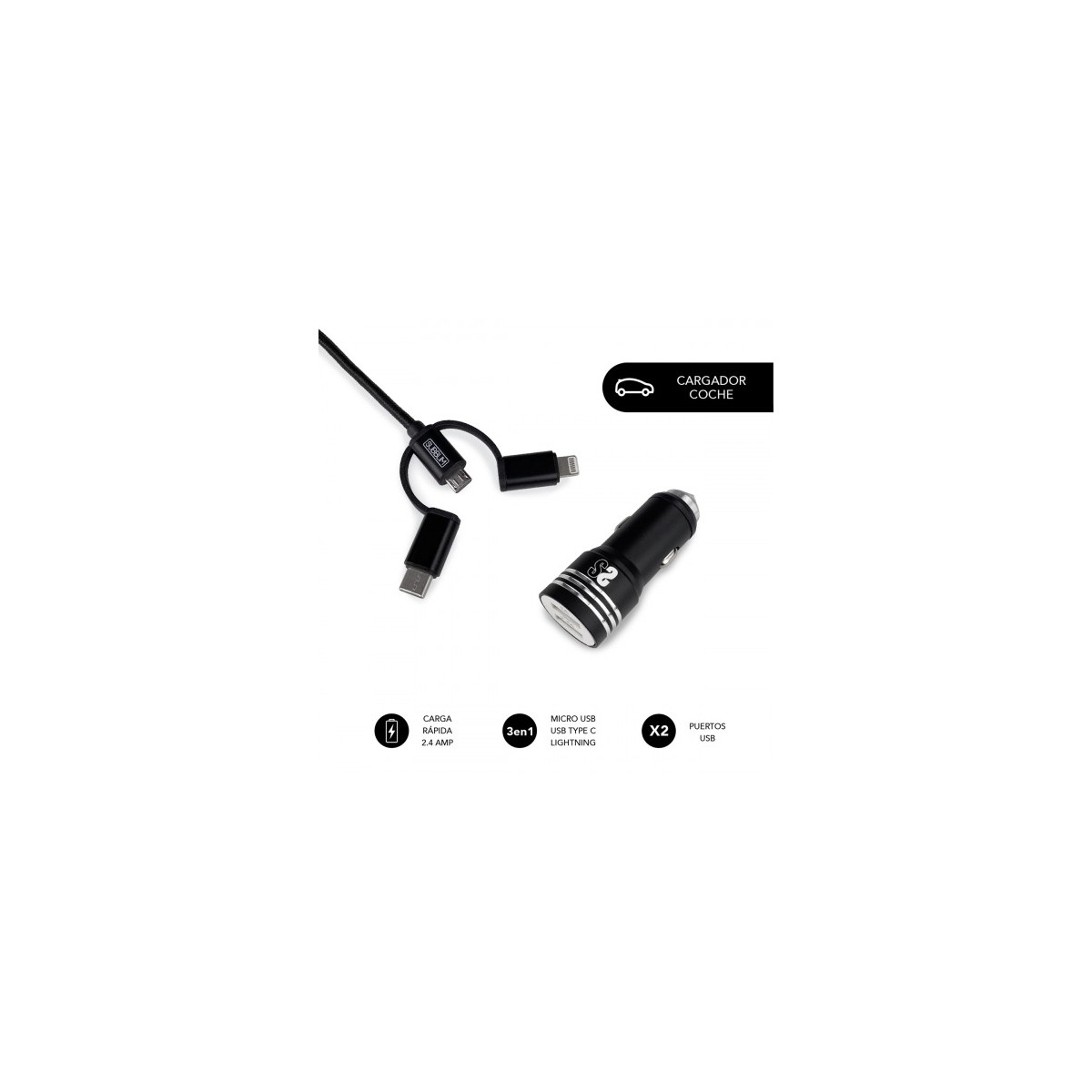 SUBBLIM Cargador Coche 2xUSB Dual Car Charger Alum 24A Cable 3 in 1 Black