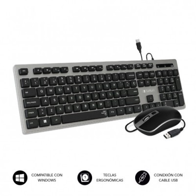 SUBBLIM Teclado Ergonomico y raton con cable USB Plano Silencioso Gris Negro Ergo