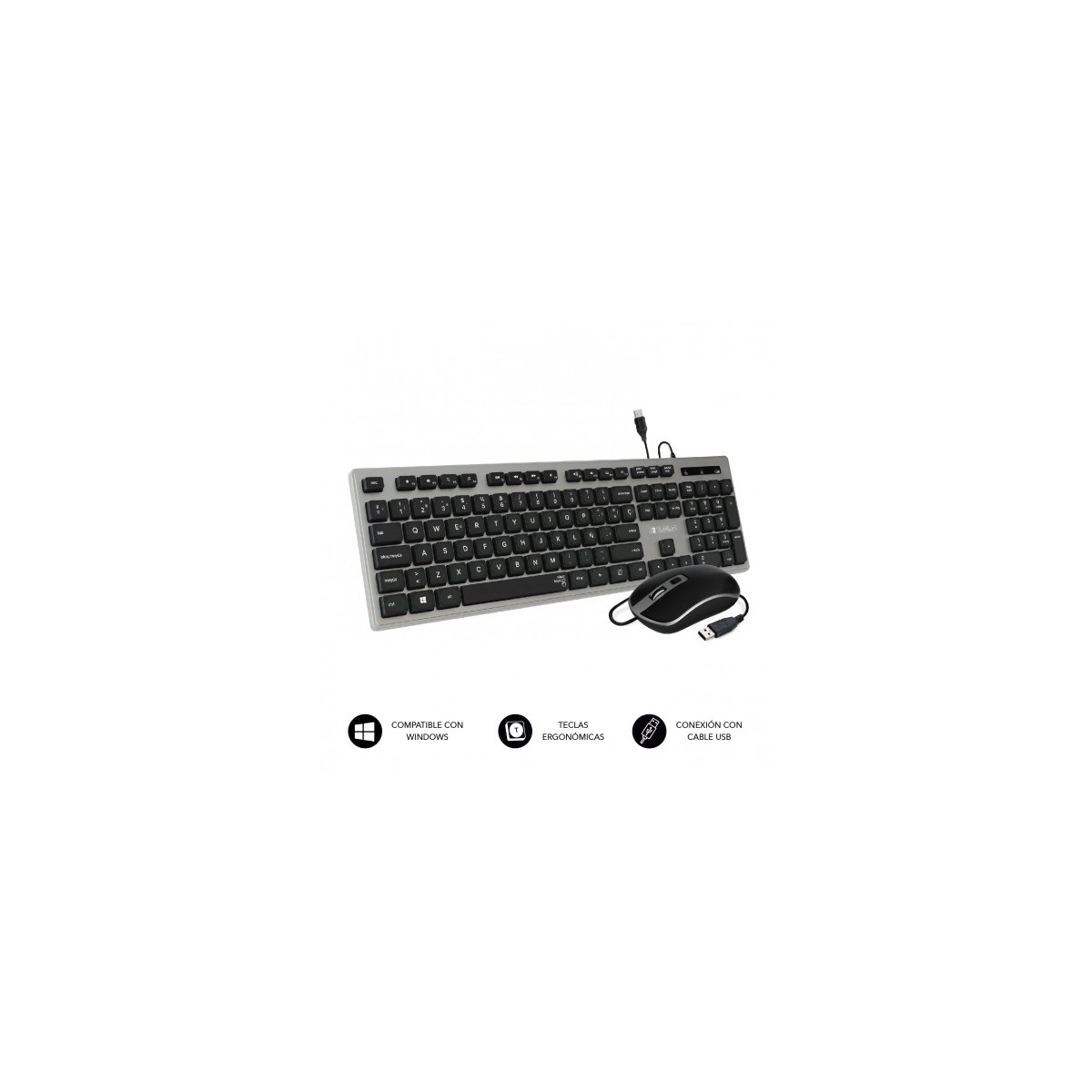 SUBBLIM Teclado Ergonomico y raton con cable USB Plano Silencioso Gris Negro Ergo