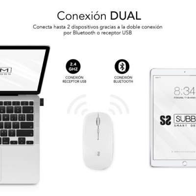 SUBBLIM Raton optico Inalambrico 24G y Bluetooth Dual Flat Mouse Recargable Blanco