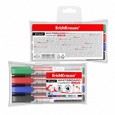 SET 4 MARCADORES PIZARRA BLANCA CON TINTA LiQUIDA LW 600 NEGRO AZUL ROJO VERDE ERICH KRAUSE 58362