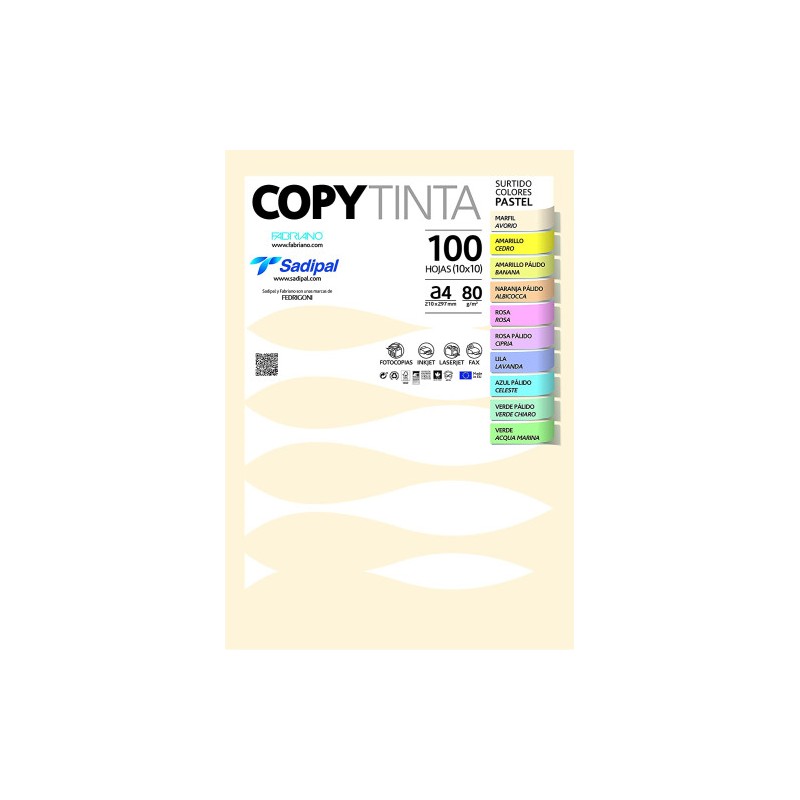 9741-PAQUETE 100 HOJAS A4 80G COLORES SURTIDOS PASTEL (10 HOJAS x COLOR) FABRIANO 11302